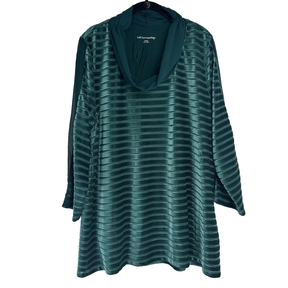 Soft Surroundings New Tunic Top Size XL‎ Teal/Green Velvet Burnout Striped Sheer